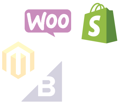 Magento Shopify Woocommerce and Bigrcommerce logos, 6 million shpooers